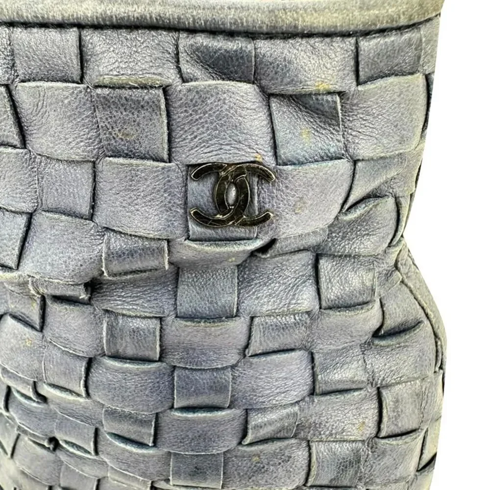 Chanel CC Woven Accent Ankle Boots in Blue Leather